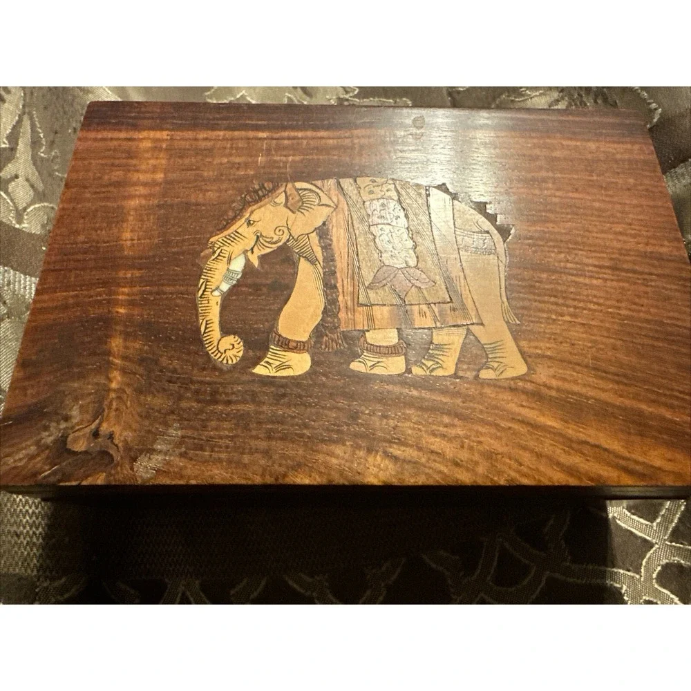Vintage African Elephant Inlay Wooden Box 5x4 Folk Art storage decor